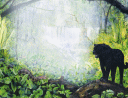 colorful jungle scene with black panther meeting a python